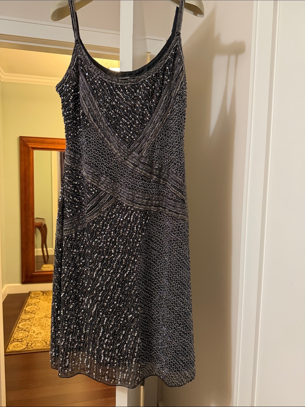 Adrianna Papell evening Black gray  Beaded Spaghetti-Strap Mini Dress size 6